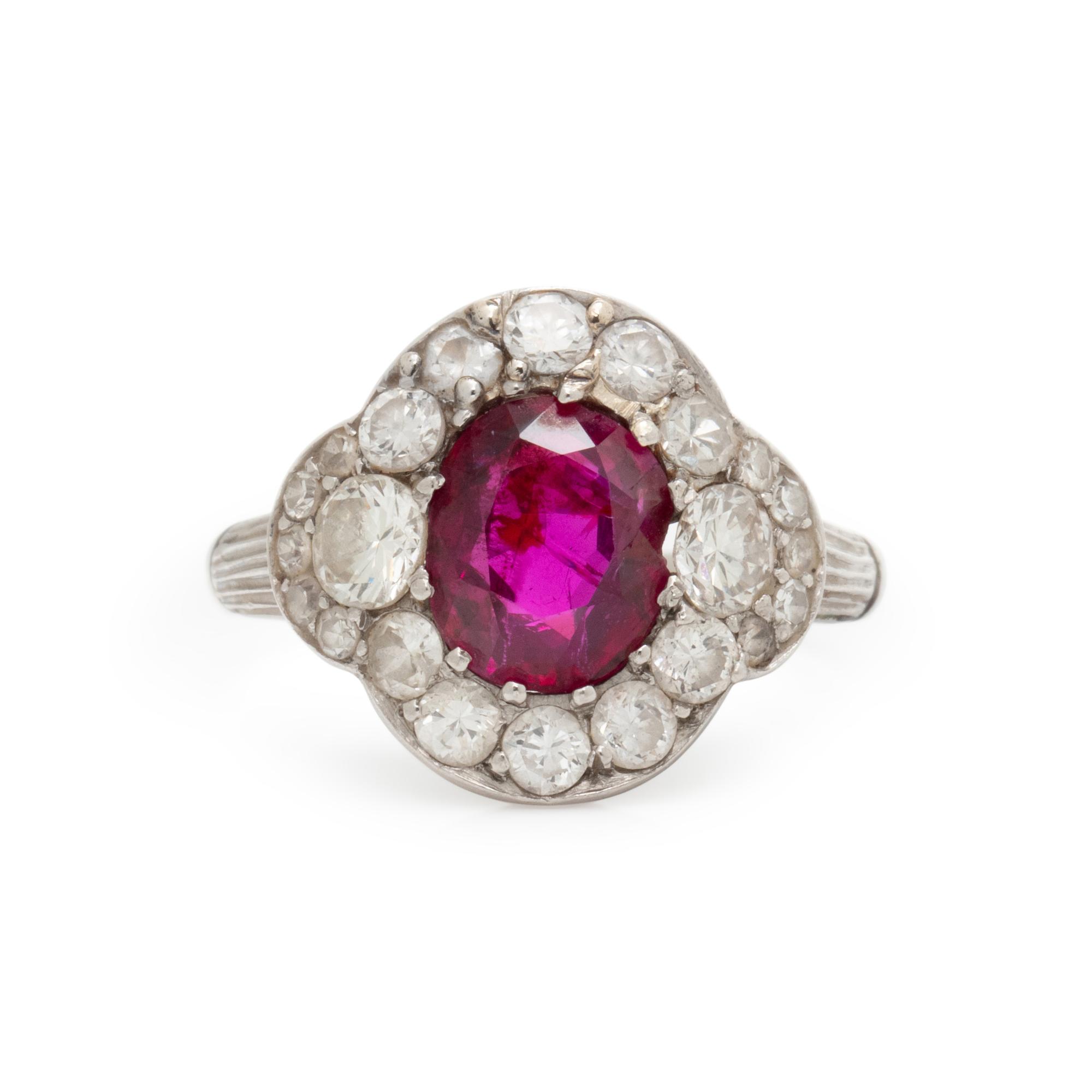 PLATINUM, DIAMOND, AND FRACTURE-FILLED RUBY RING