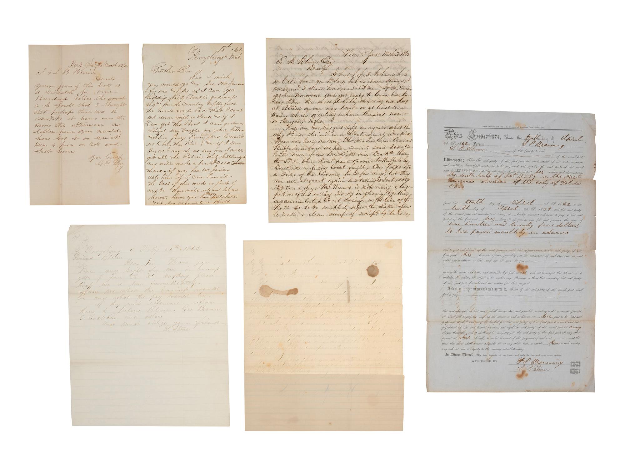 [TRANSPORTATION - RAILROAD]. Archive identified to Leonard B. Blinn, incl. several letters referencing the 1862 Erie Railroad strike.