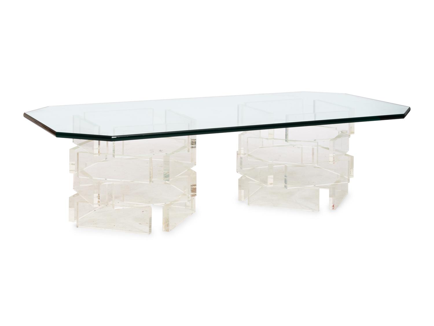 A Contemporary Acrylic and Glass Double Pedestal Cocktail Table