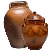 Glazed and decorated covered redware jar and stoneware crock staten island, new york and charlestown, ma