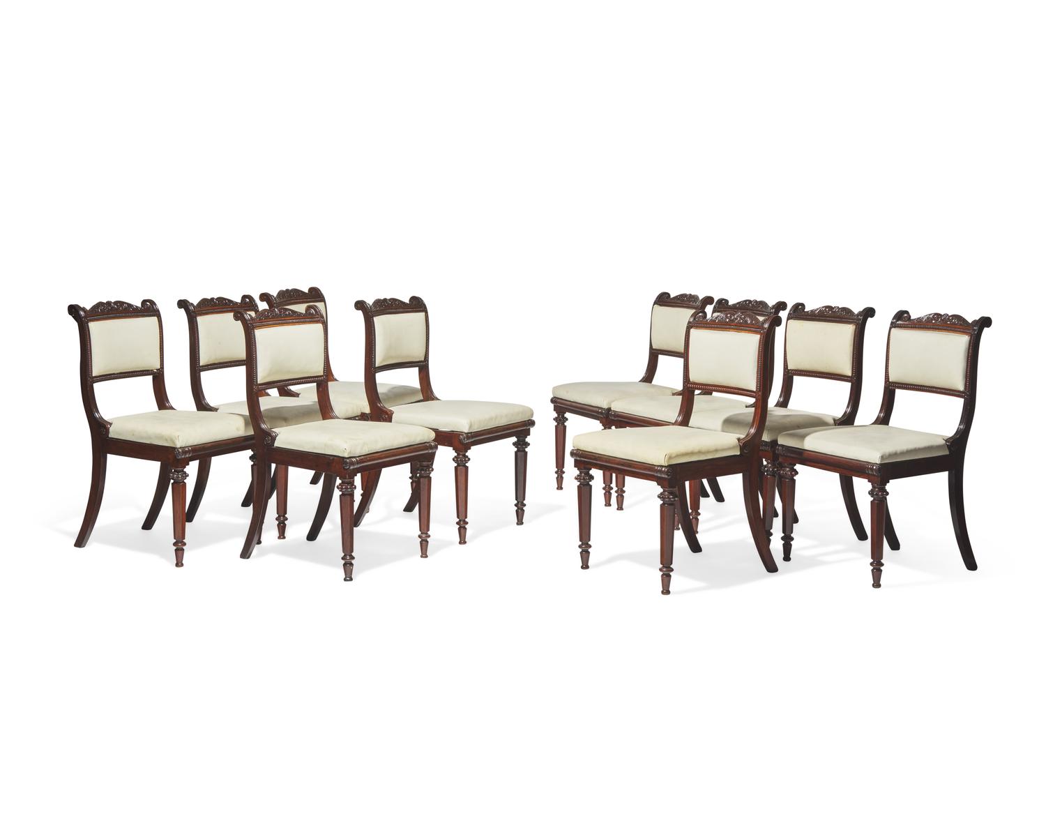 A rare set of ten Anglo-Indian Neoclassical carved hardwood side chairs, circa 1830-1840