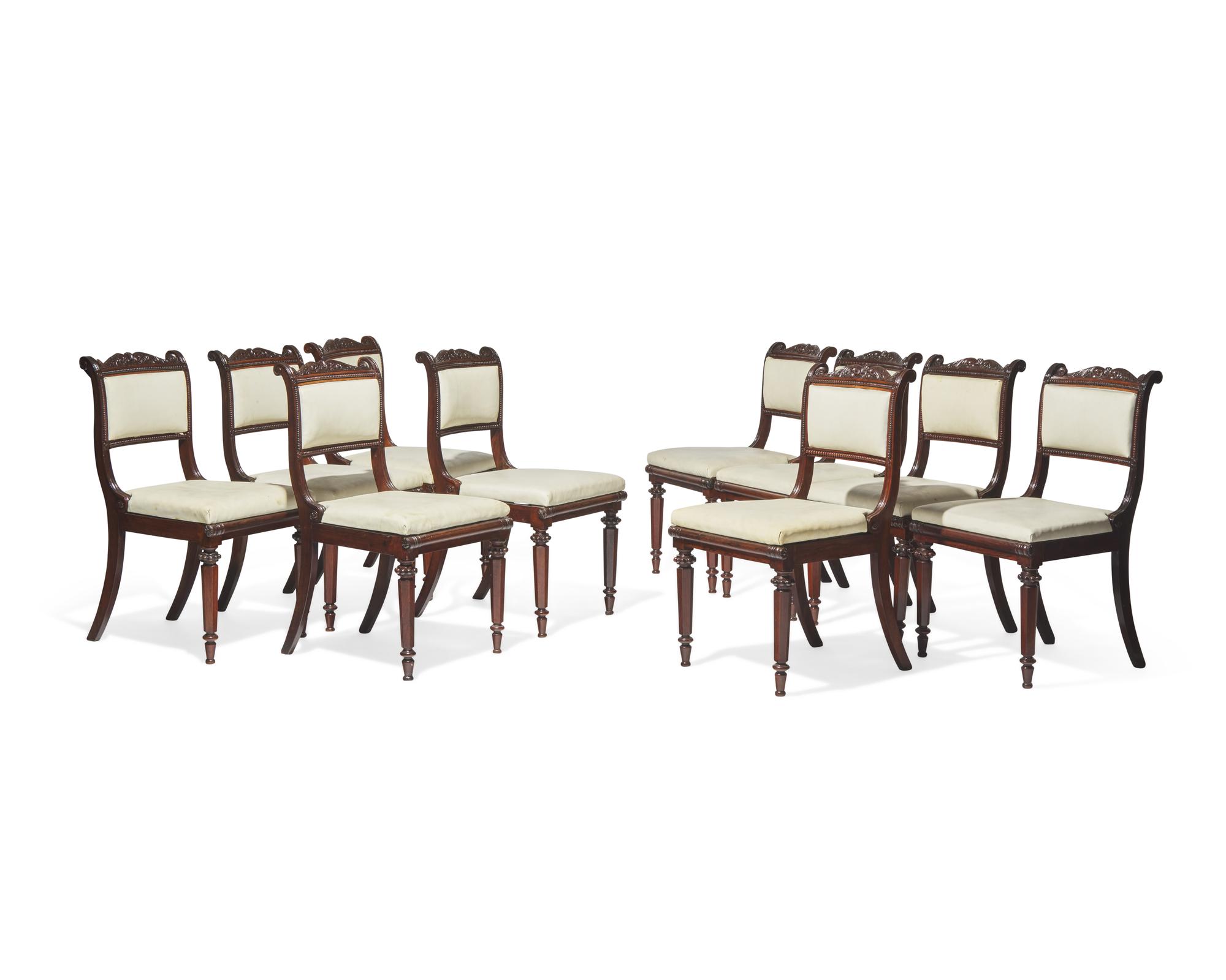 A rare set of ten Anglo-Indian Neoclassical carved hardwood side chairs, circa 1830-1840