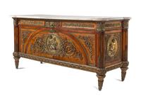 A Louis XVI Style Gilt Bronze Mounted Mahogany Marble-Top Commode à Vantaux