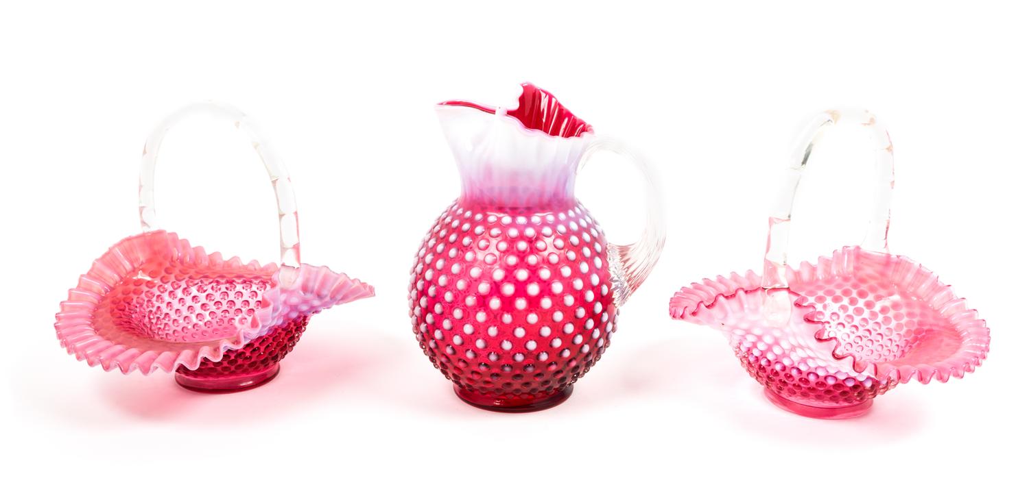 Three Cranberry Glass Hobnail Articles Height of first 9 3/4 inches.