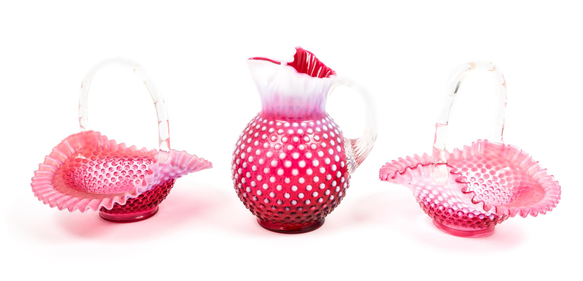 Three Cranberry Glass Hobnail Articles Height of first 9 3/4 inches.