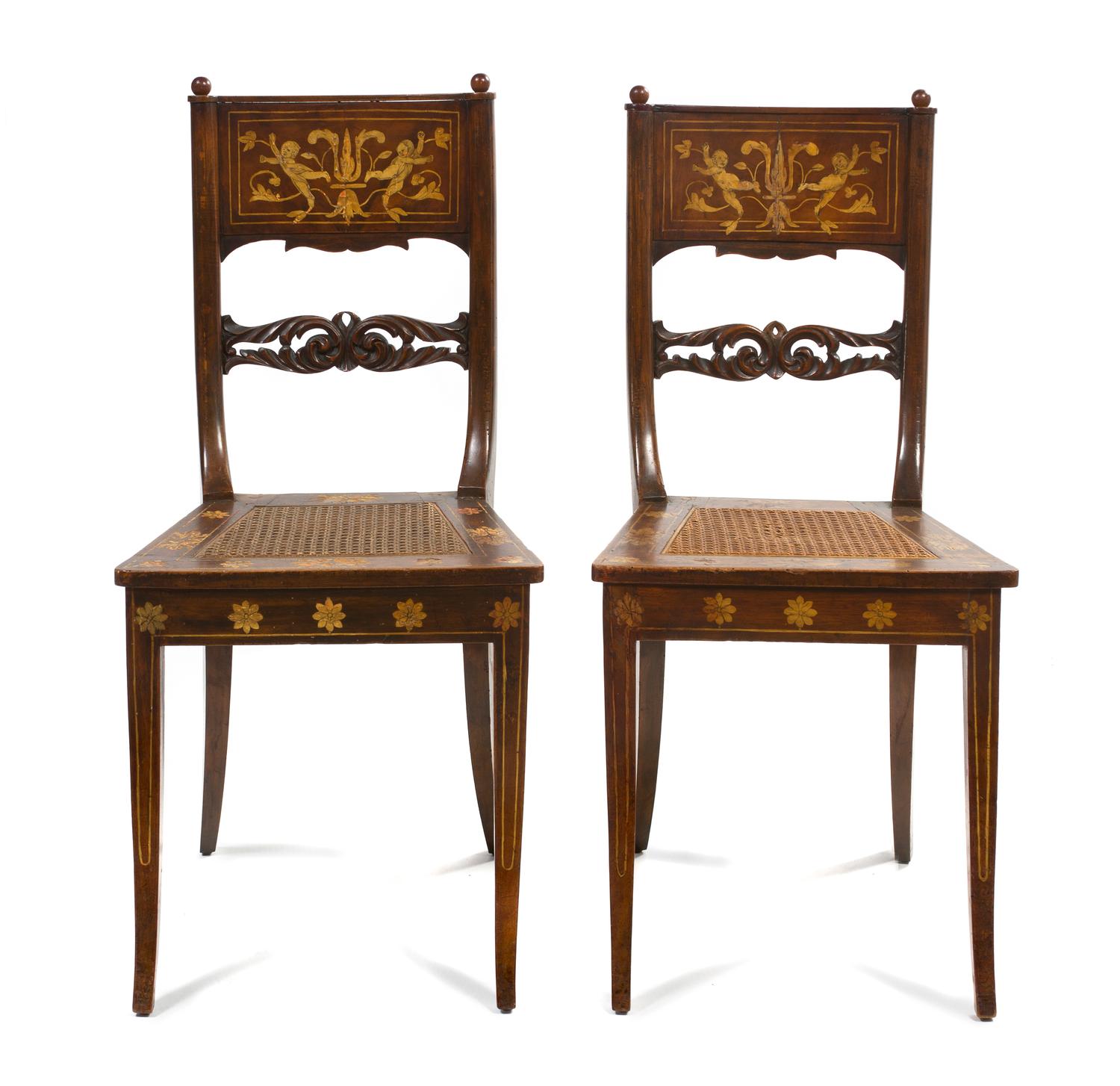 A Pair of Dutch Marquetry Side Chairs, Height 36 inches.
