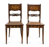 A Pair of Dutch Marquetry Side Chairs, Height 36 inches.
