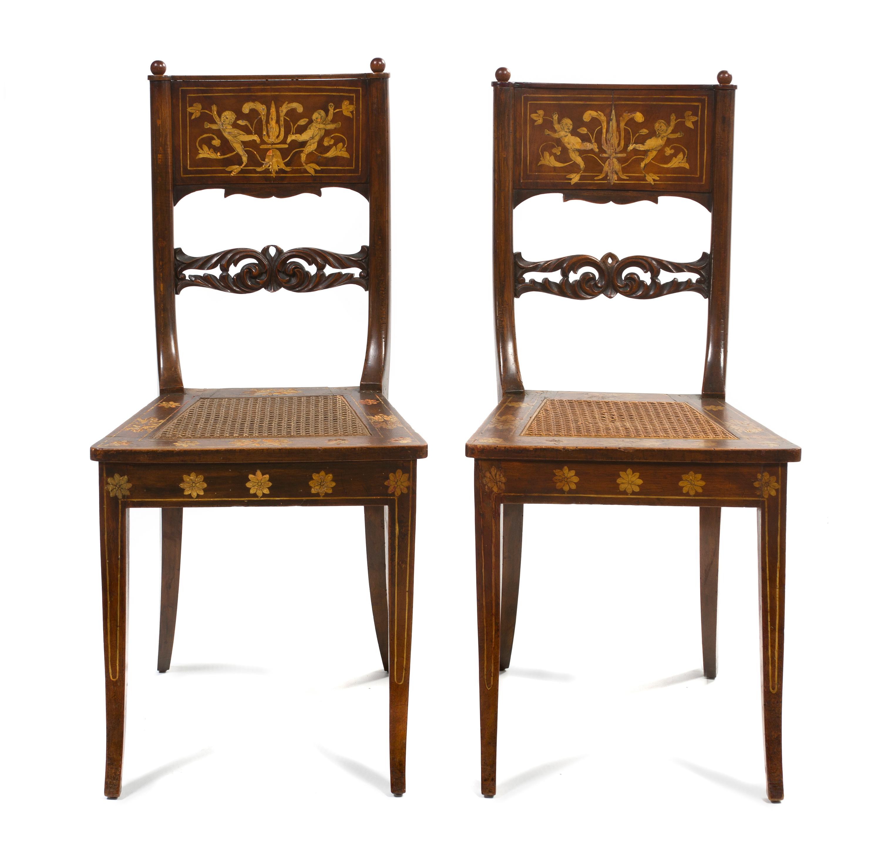A Pair of Dutch Marquetry Side Chairs, Height 36 inches.