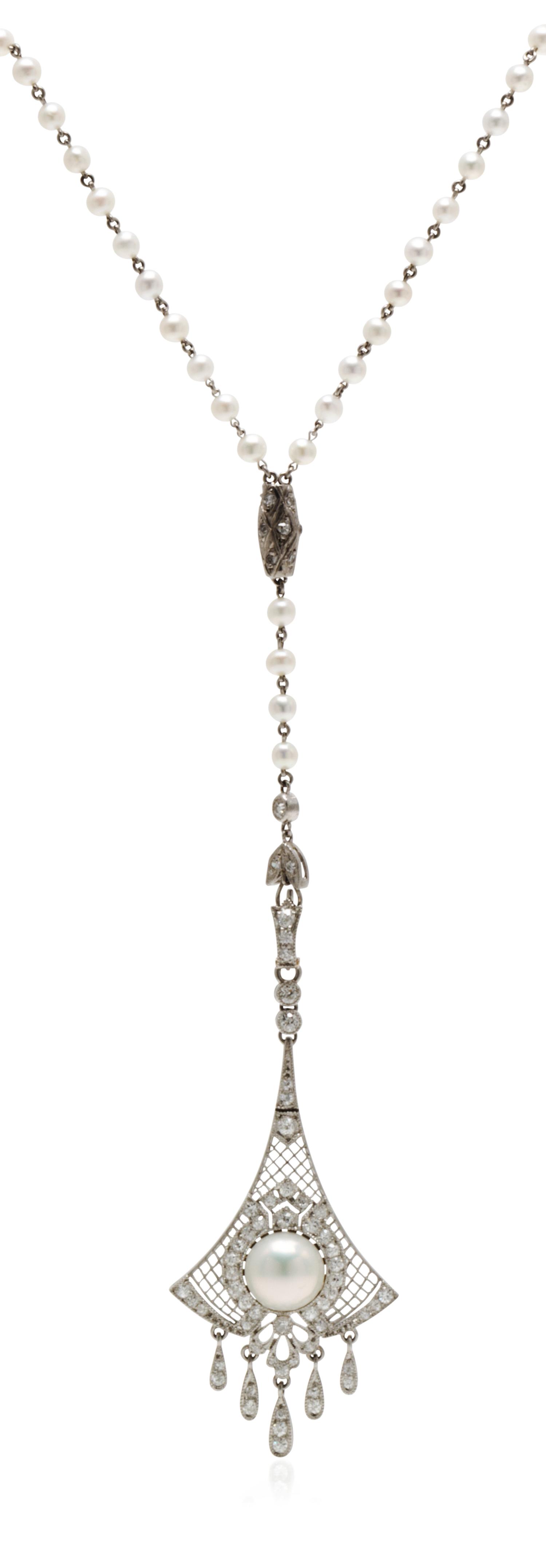 An Edwardian Platinum, Natural Pearl and Diamond Pendant, Black Starr & Frost, 9.20 dwts.