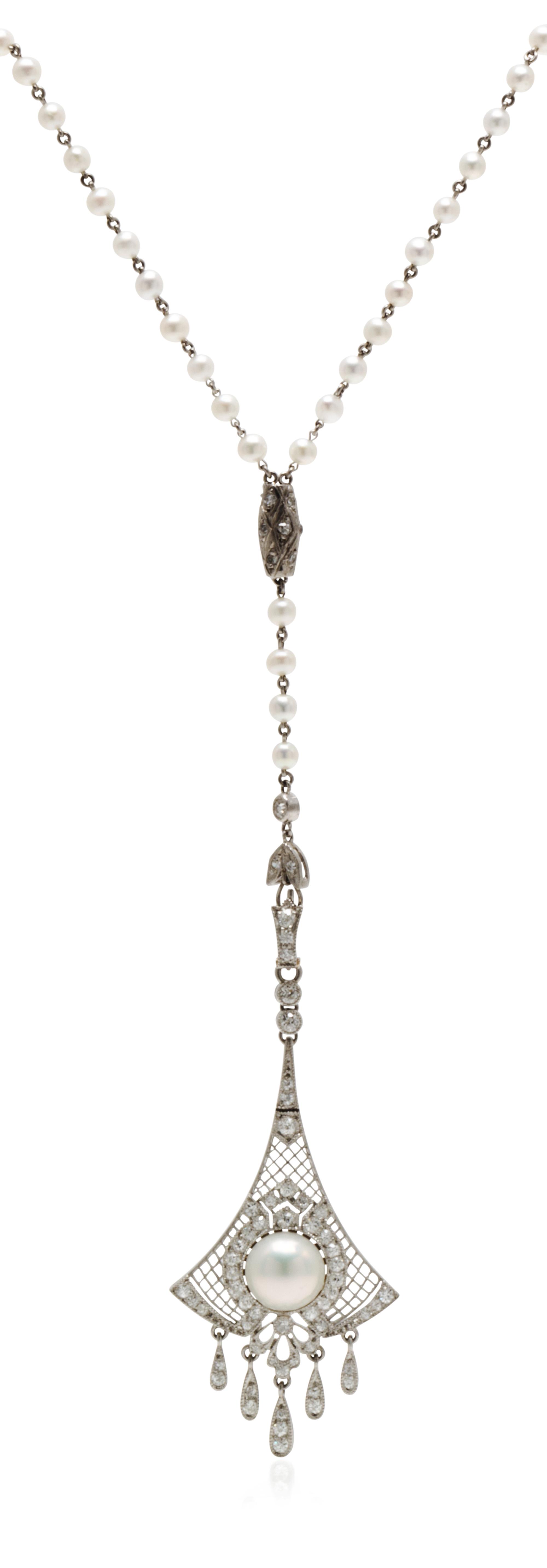 An Edwardian Platinum, Natural Pearl and Diamond Pendant, Black Starr & Frost, 9.20 dwts.