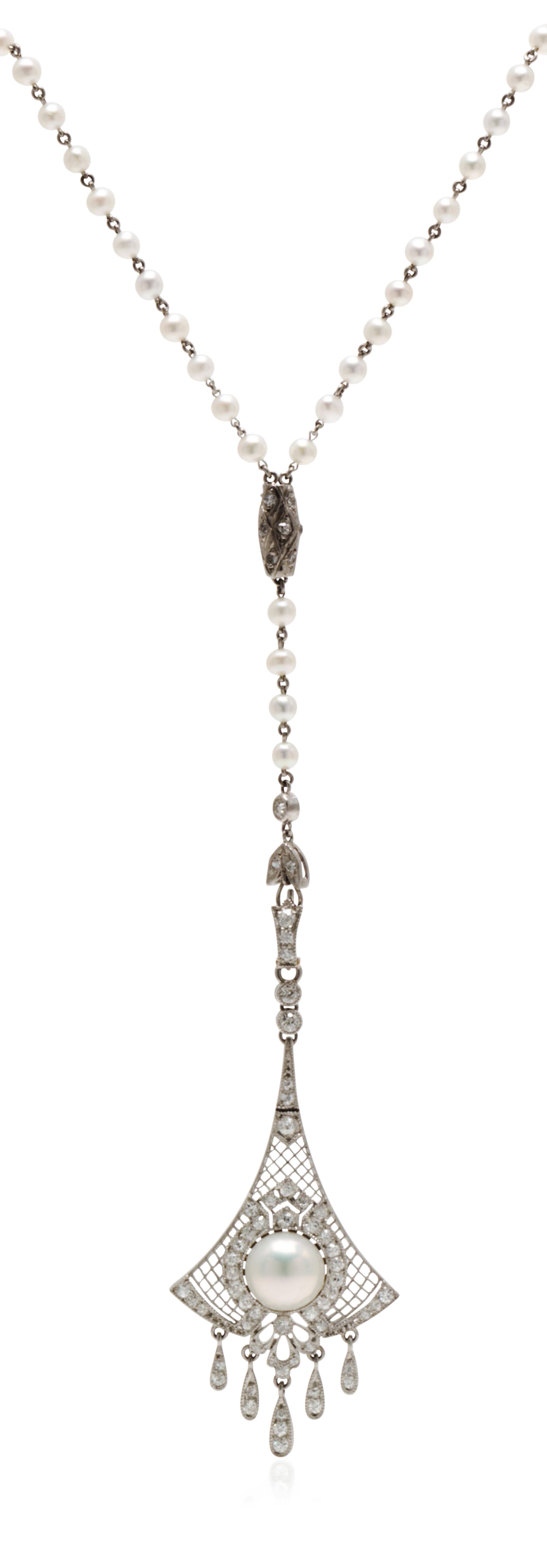 An Edwardian Platinum, Natural Pearl and Diamond Pendant, Black Starr & Frost, 9.20 dwts.