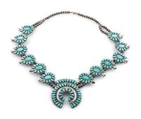 Navajo Sterling Silver and Turquoise Cluster Squash Blossom Necklace