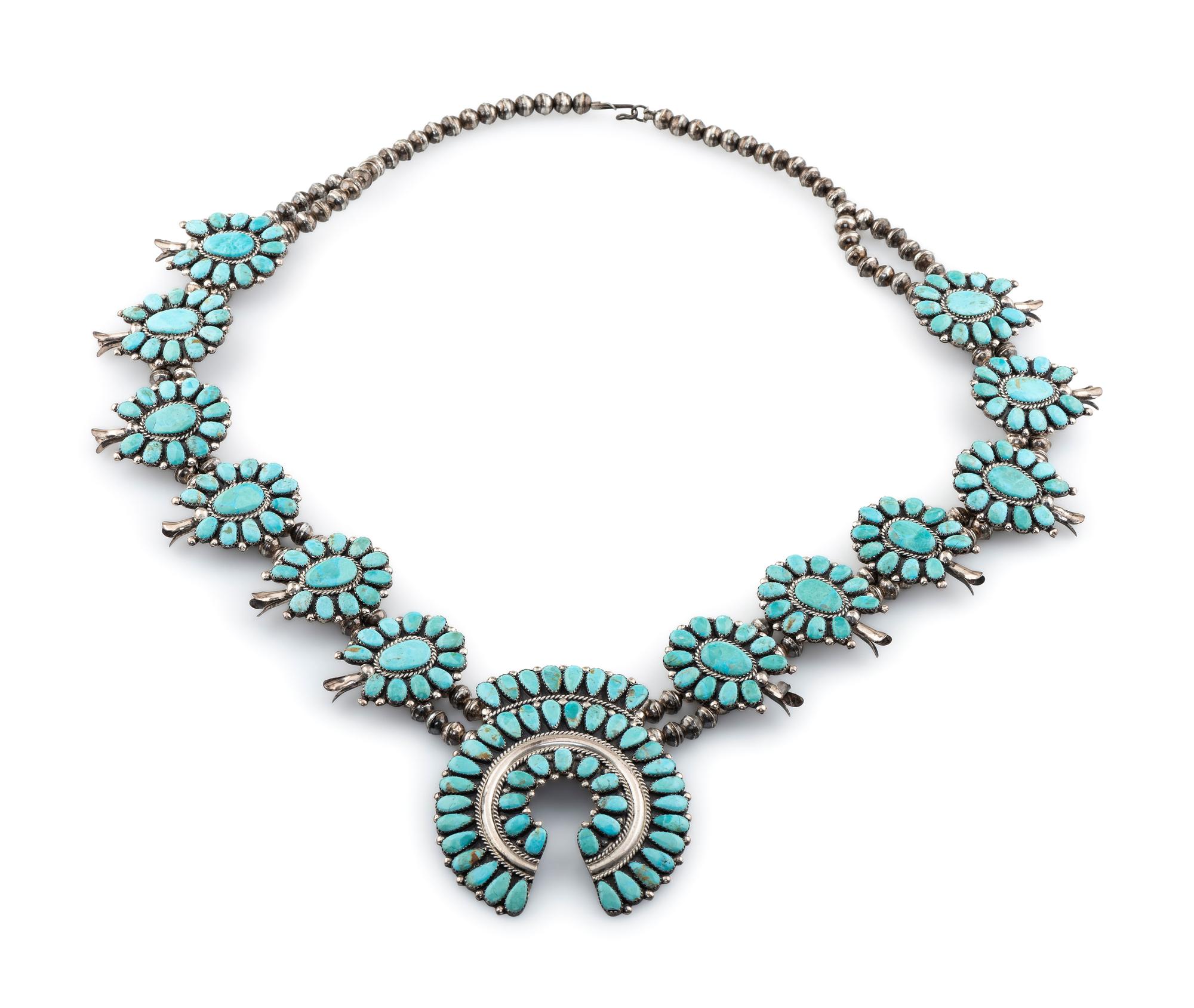 Navajo Sterling Silver and Turquoise Cluster Squash Blossom Necklace