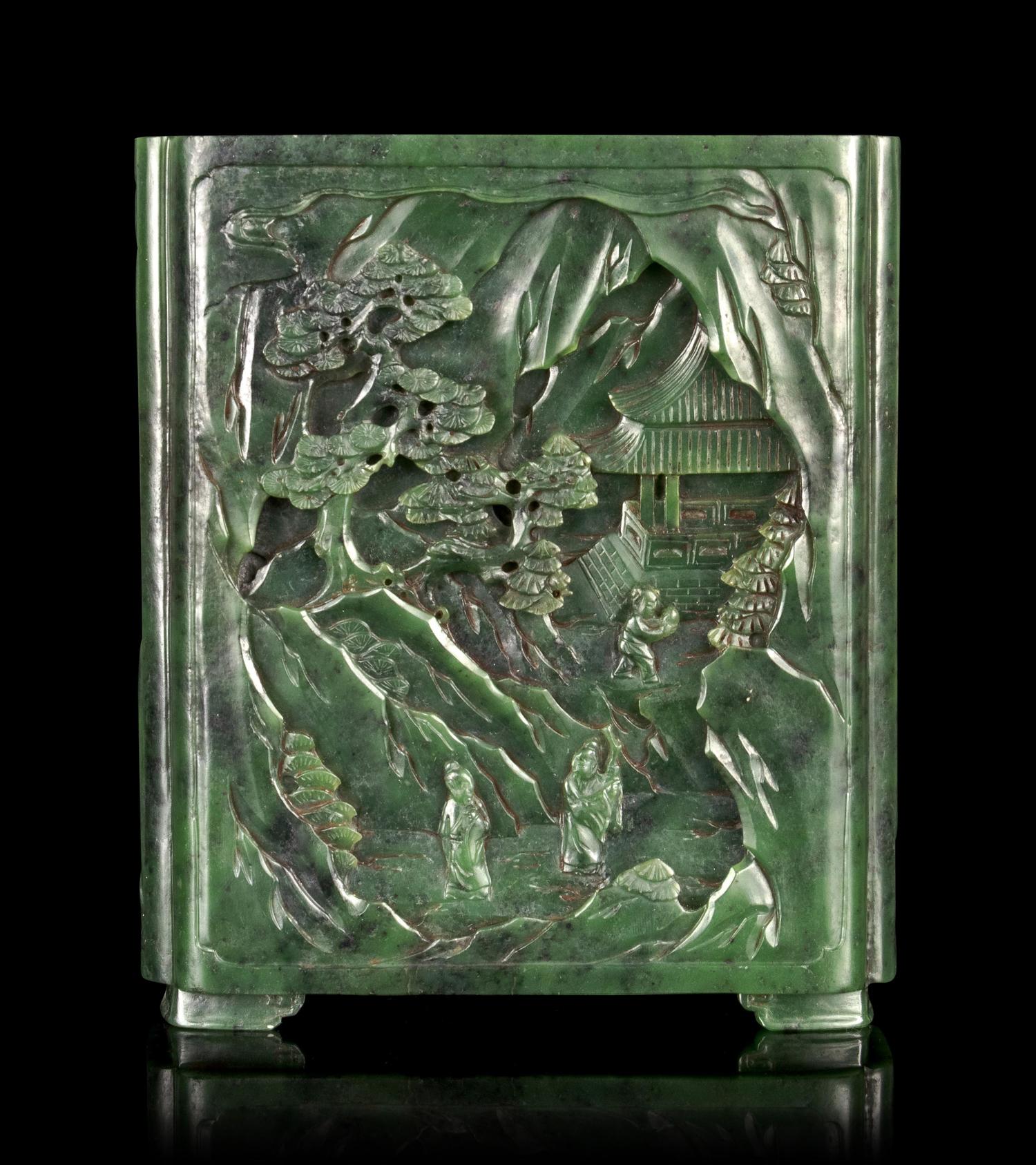 A Carved Spinach Jade 'Landscape' Square Brush Pot