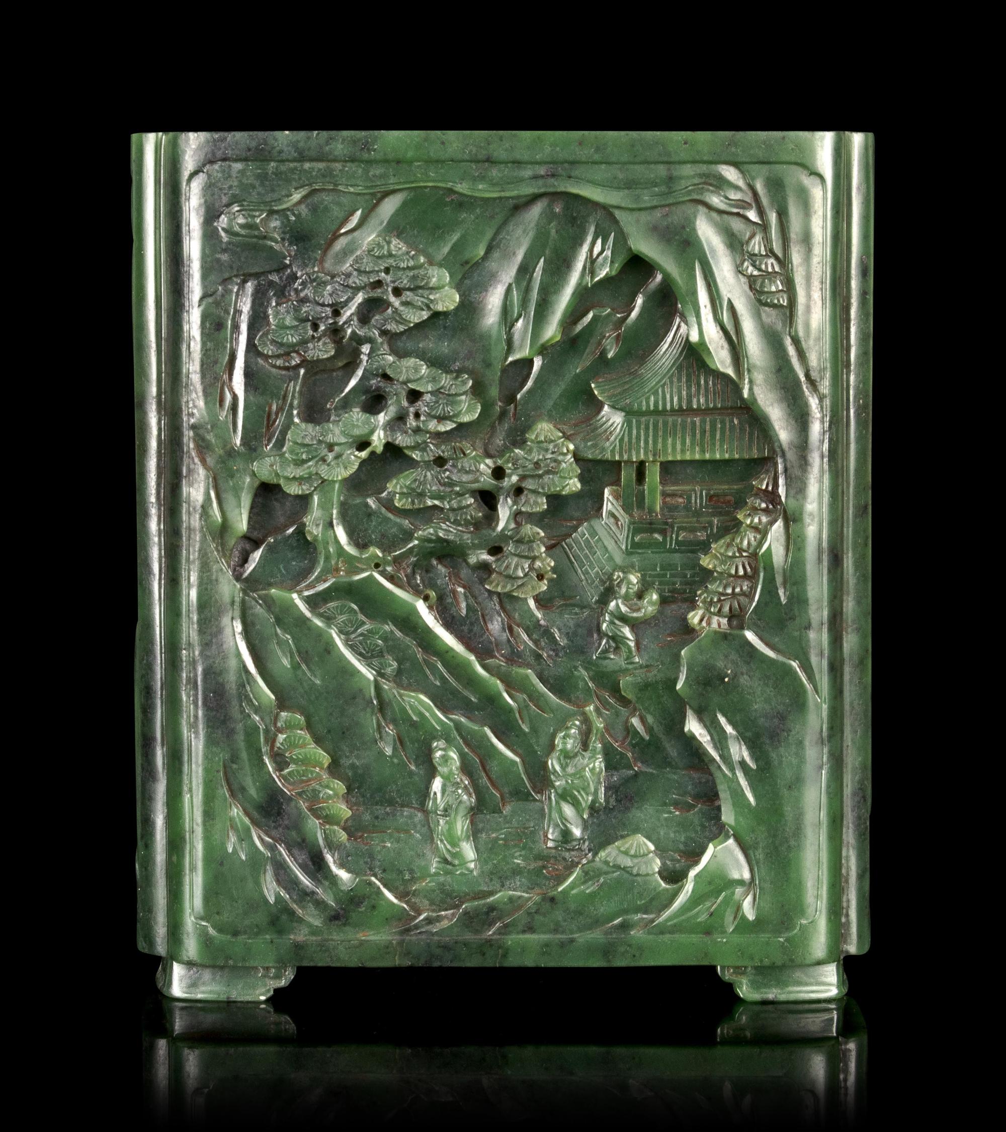 A Carved Spinach Jade 'Landscape' Square Brush Pot