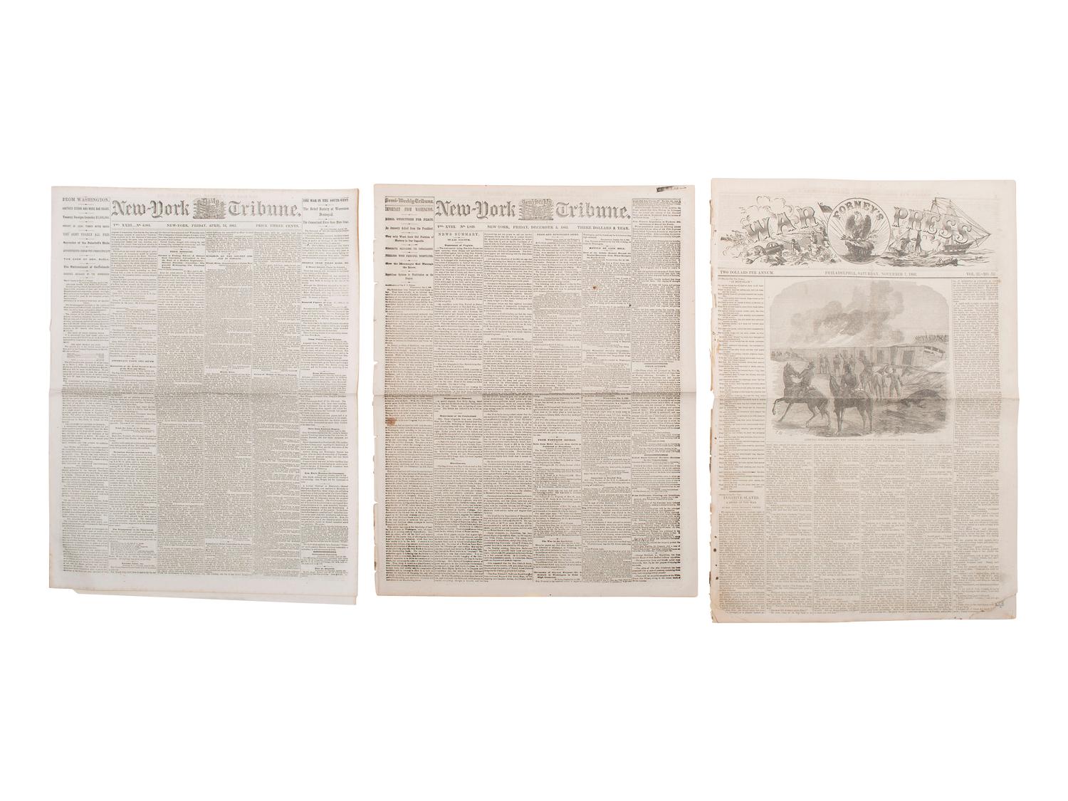[CIVIL WAR]. A group of 7 war-date newspapers reporting on matters involving slavery and African American troops, highlighted by coverage of the 54th Massachusetts Infantry's actions at Battery Wagner. 1862-1864.