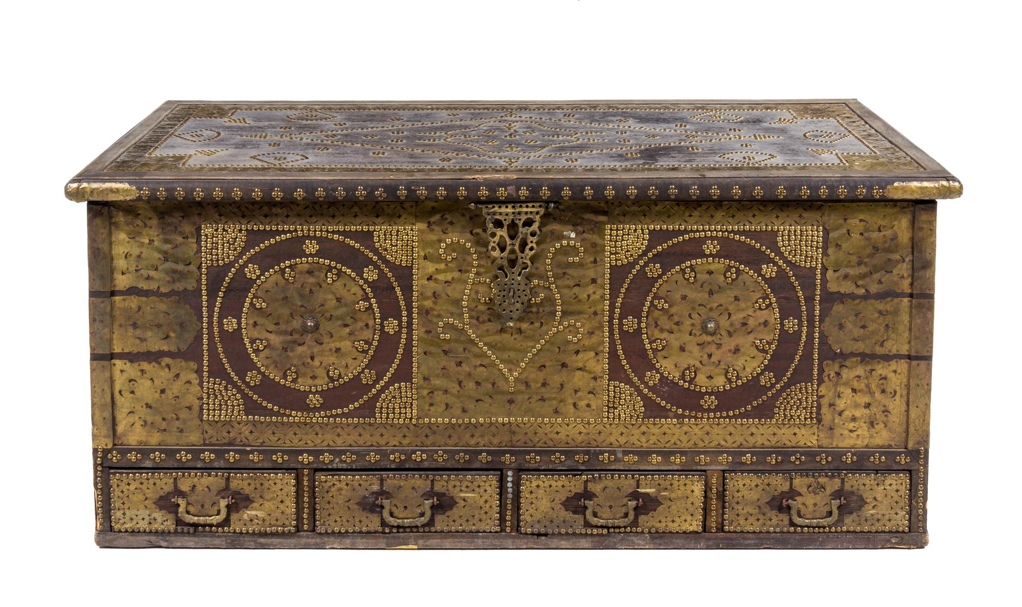 A Brass Decorated Blanket Chest Height 25 1/4 x width 56 x depth 24 1/2 inches. — 19TH CENTURY