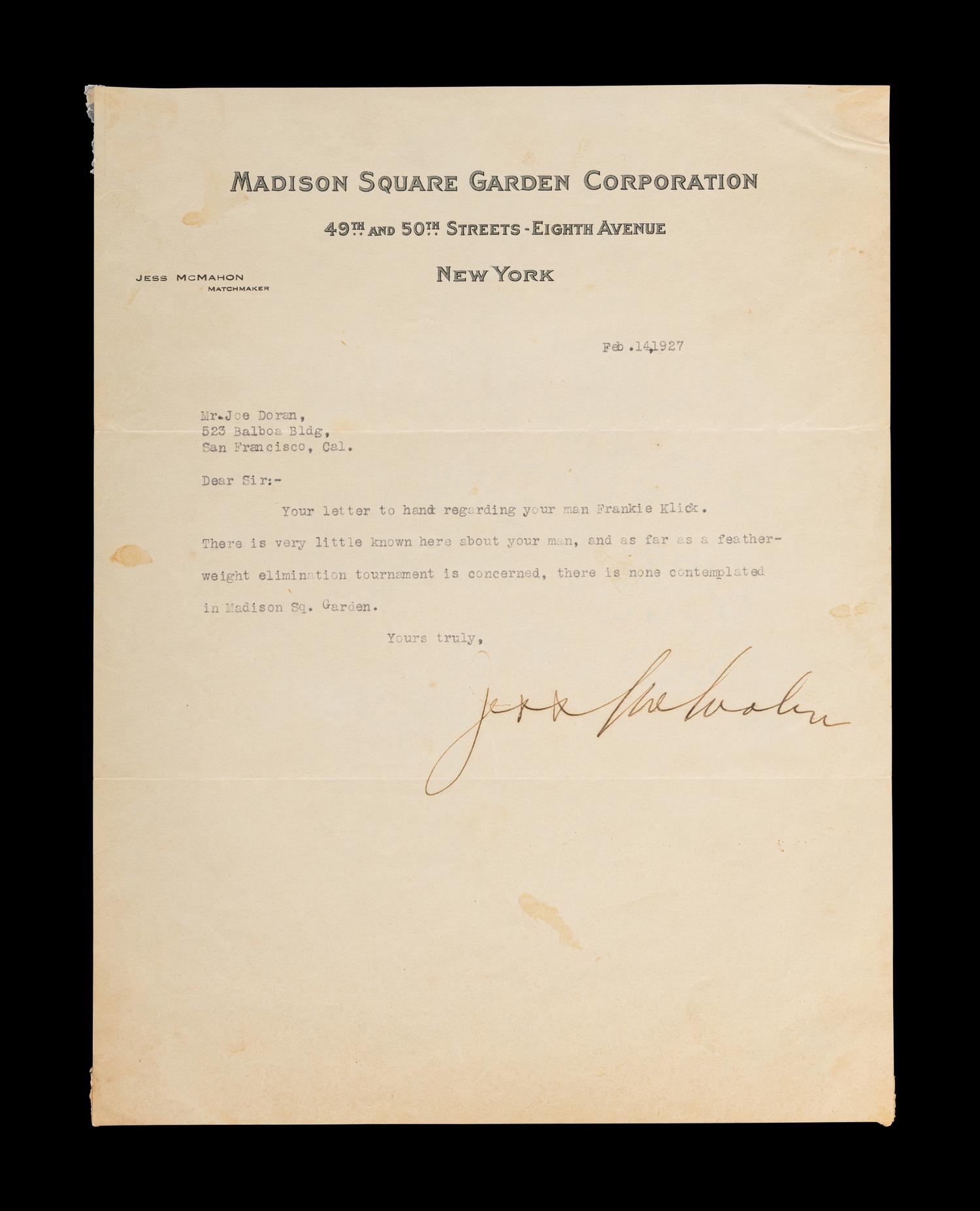 A Rare Jess McMahon Signed Autograph Letter on Madison Square Garden Stationery (WWE McMahon Family)