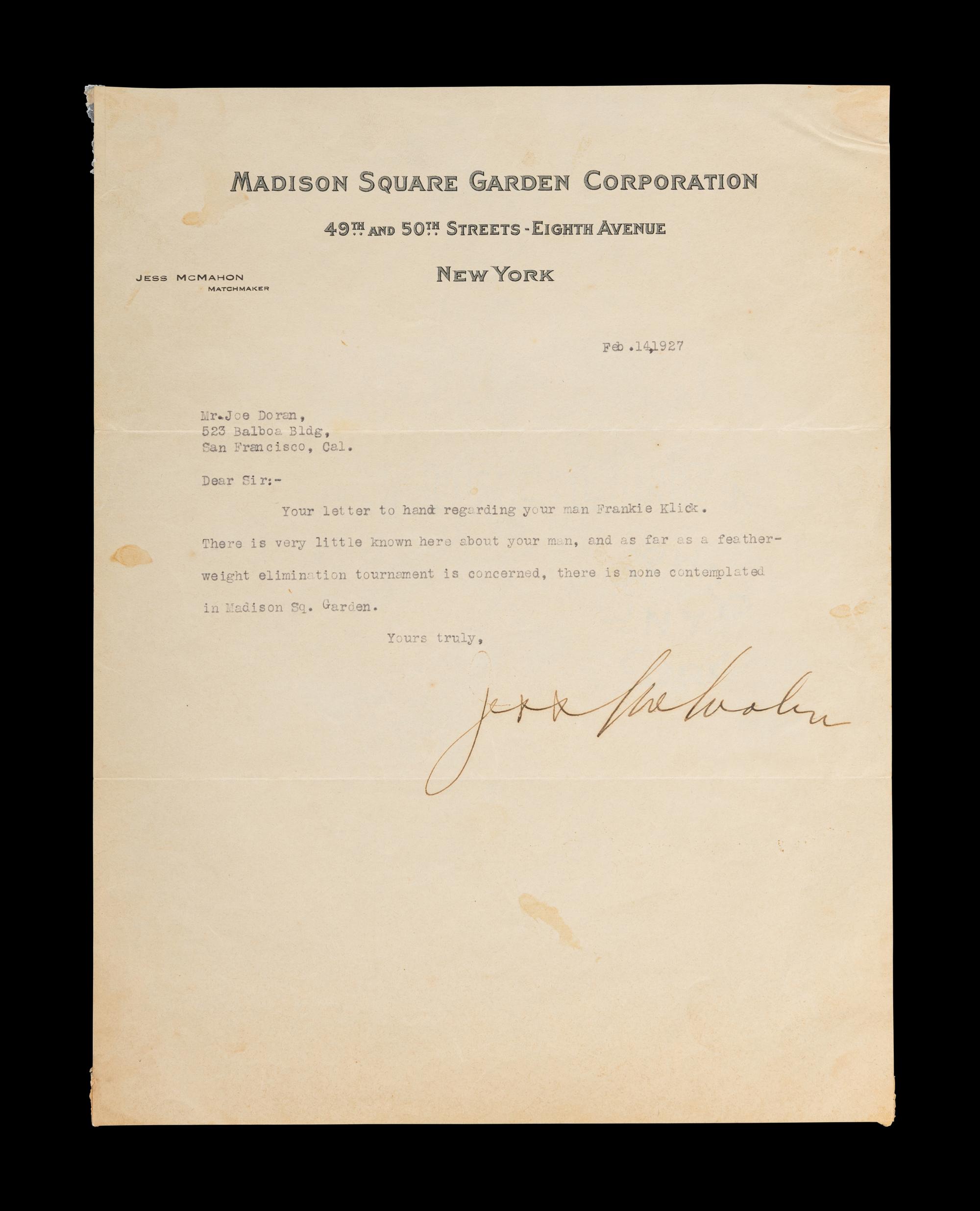 A Rare Jess McMahon Signed Autograph Letter on Madison Square Garden Stationery (WWE McMahon Family)