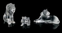 Lalique, a molded and frosted glass figural group, comprising a lioness, lion, and lion cubs