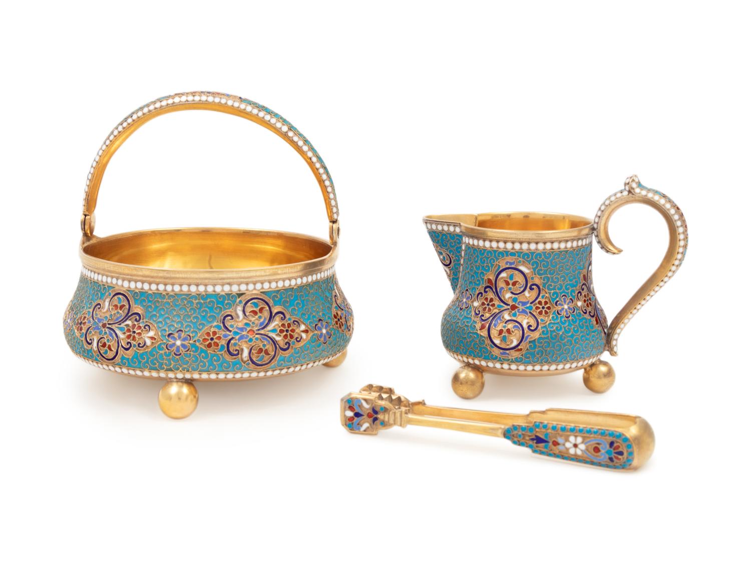 A Russian Silver-Gilt and Enamel Creamer and Sugar Set