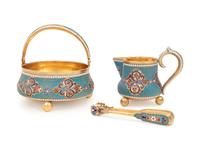 A Russian Silver-Gilt and Enamel Creamer and Sugar Set