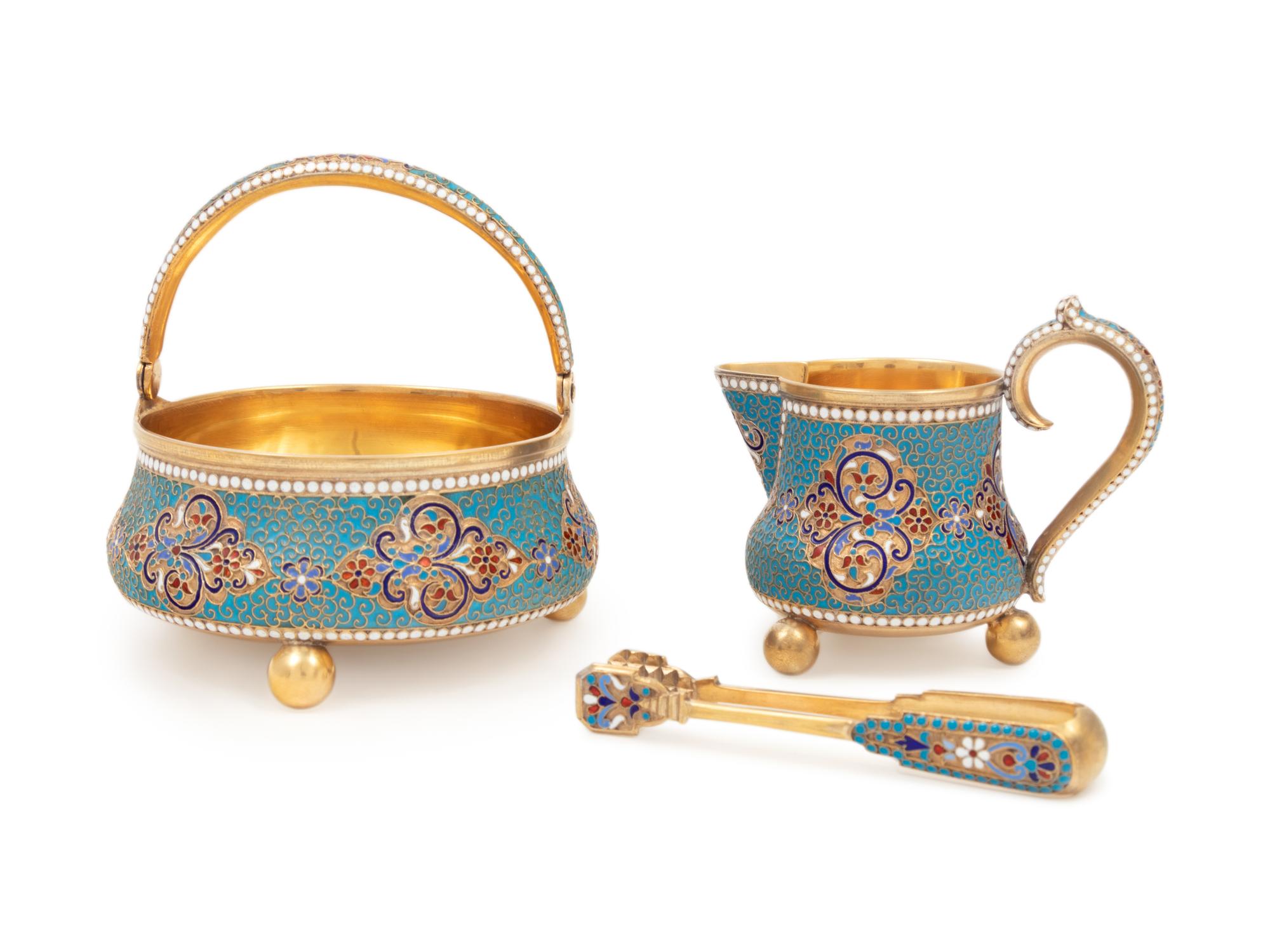 A Russian Silver-Gilt and Enamel Creamer and Sugar Set