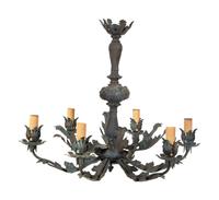 A Rococo Style Patinated Metal Six Light Chandelier
