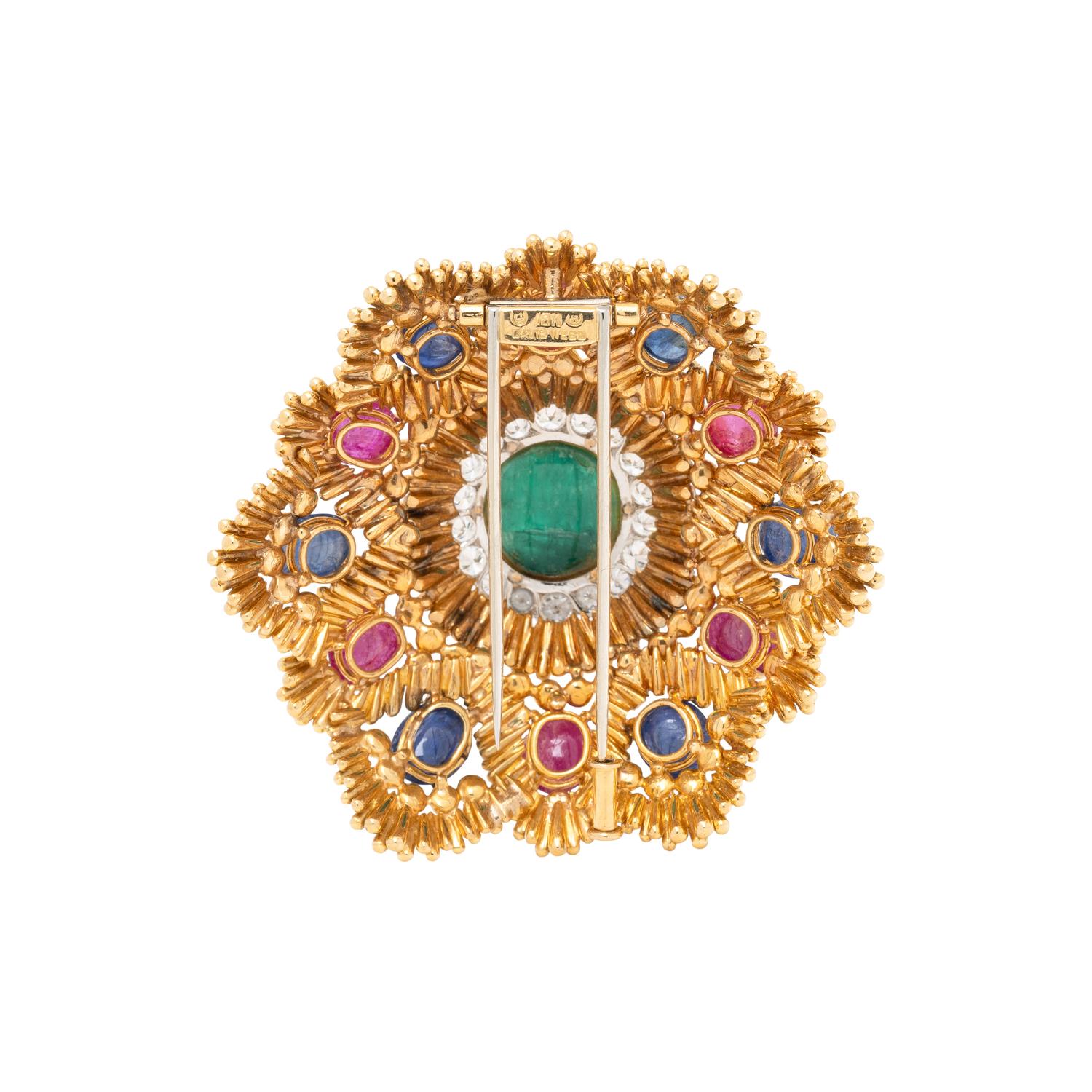 DAVID WEBB, YELLOW GOLD, EMERALD, RUBY, SAPPHIRE, AND DIAMOND BROOCH