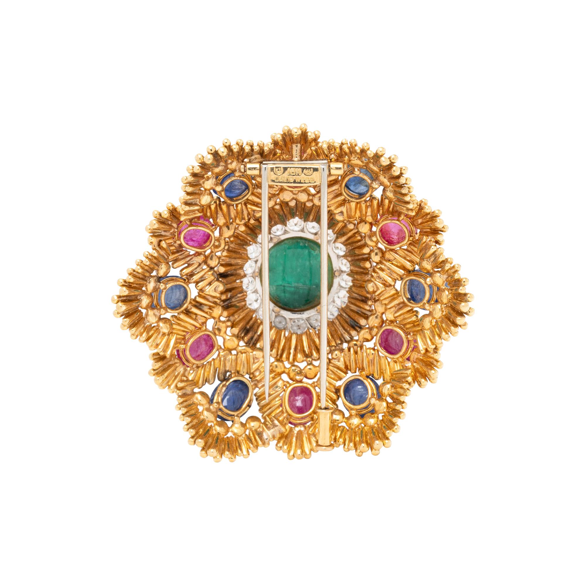 DAVID WEBB, YELLOW GOLD, EMERALD, RUBY, SAPPHIRE, AND DIAMOND BROOCH