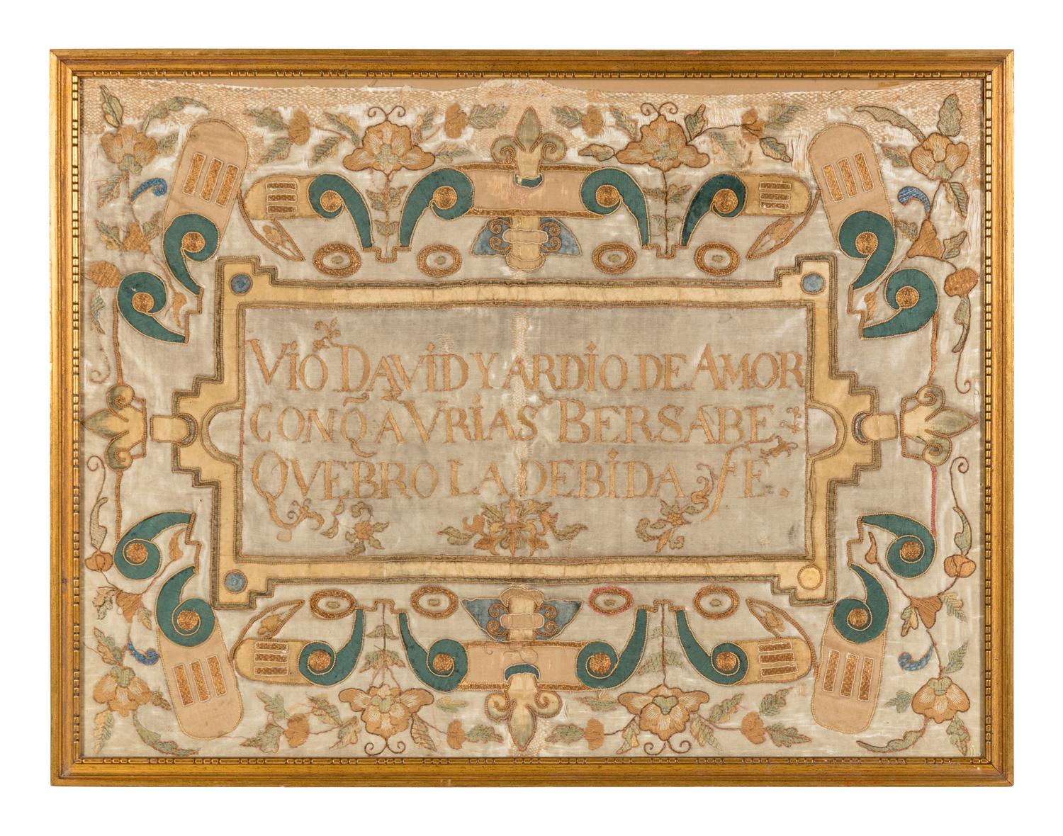 An Embroidered Silk Panel with Latin Script