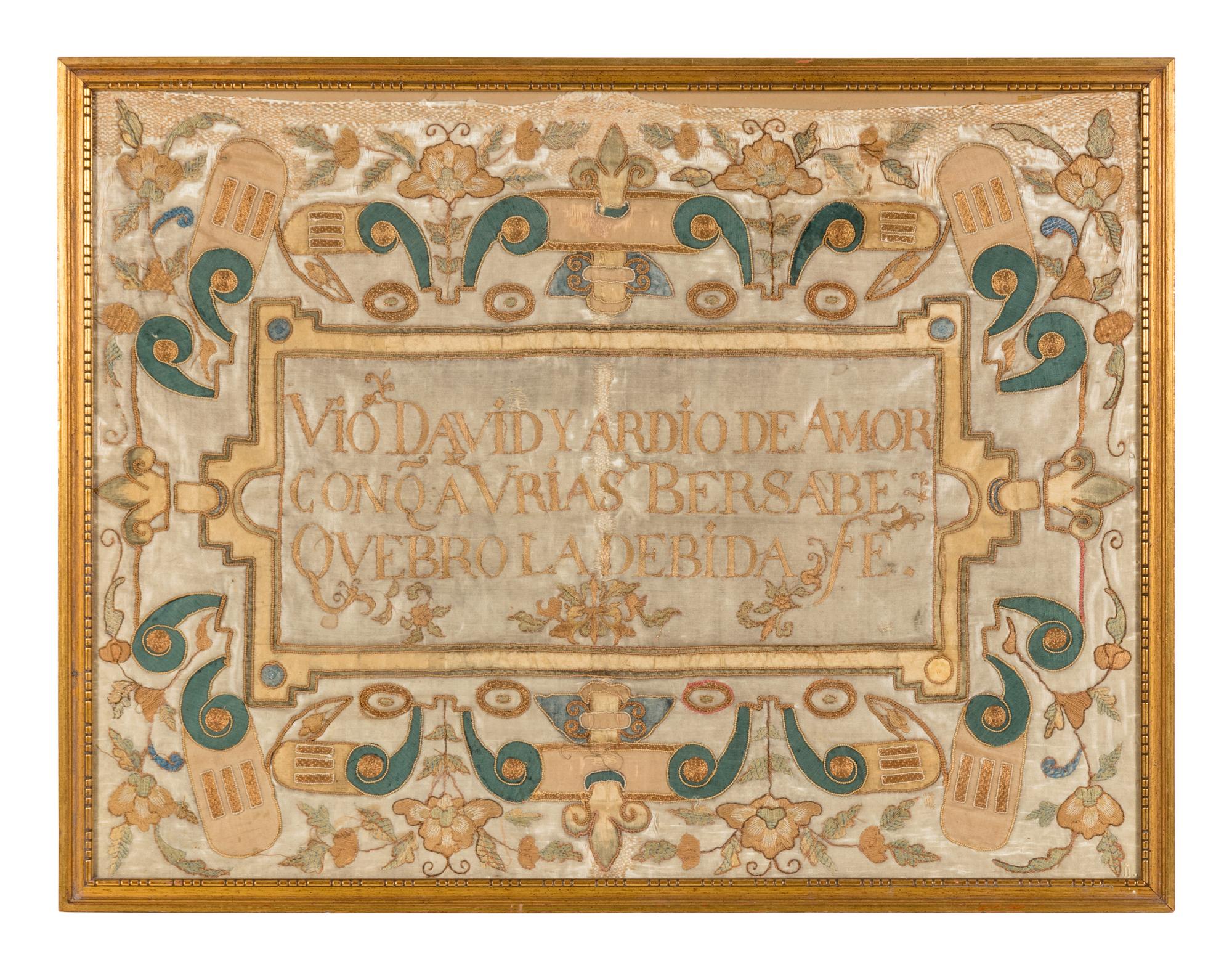 An Embroidered Silk Panel with Latin Script
