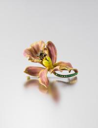 An Art Nouveau Yellow Gold, Polychrome Enamel, Diamond and Emerald "Style No. 4: Calanthe Veitchii" Orchid Brooch, Paulding Farnham for
