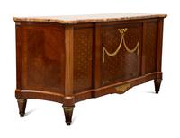 A Louis XVI Style Gilt Bronze Mounted Parquetry Marble-Top Commode