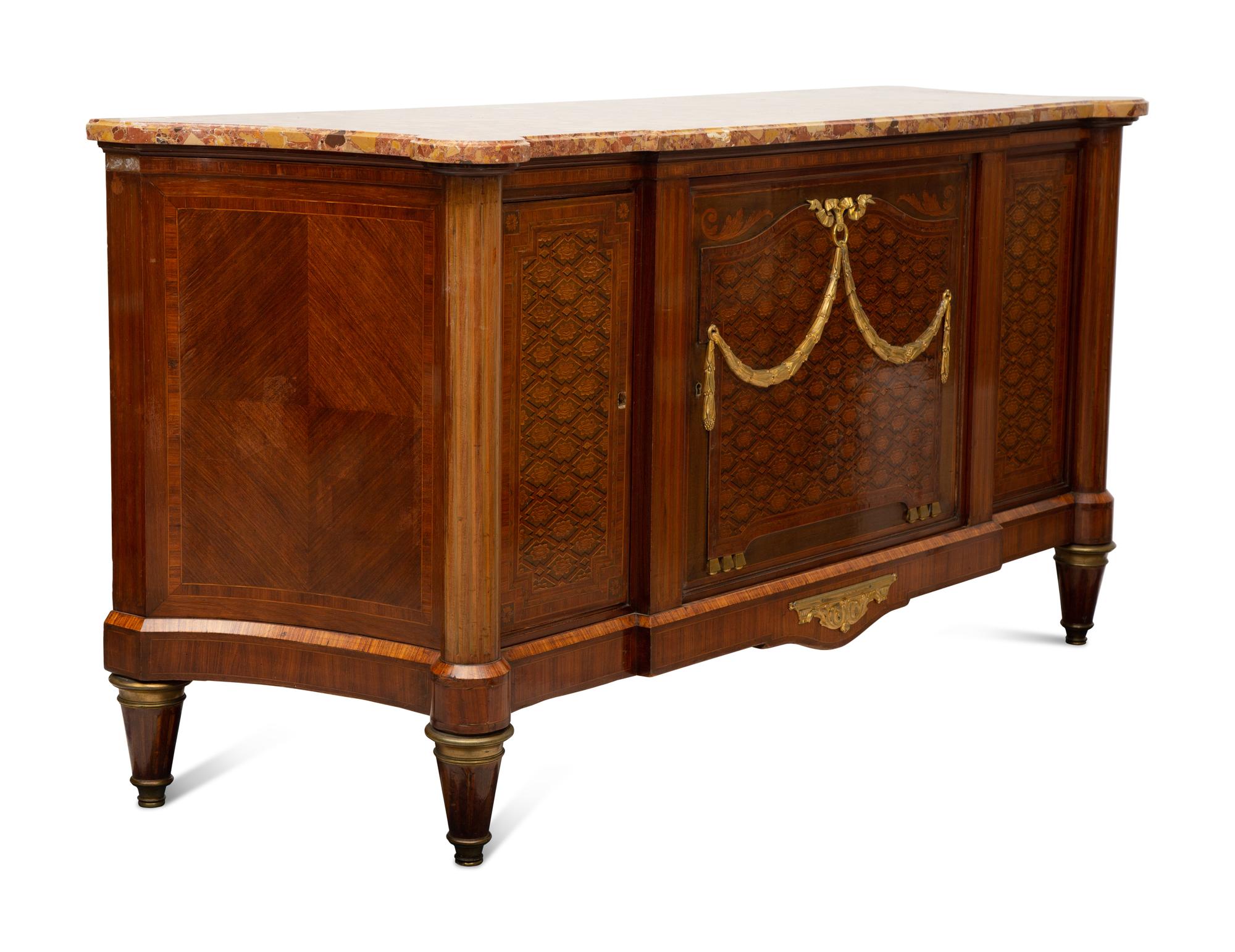 A Louis XVI Style Gilt Bronze Mounted Parquetry Marble-Top Commode