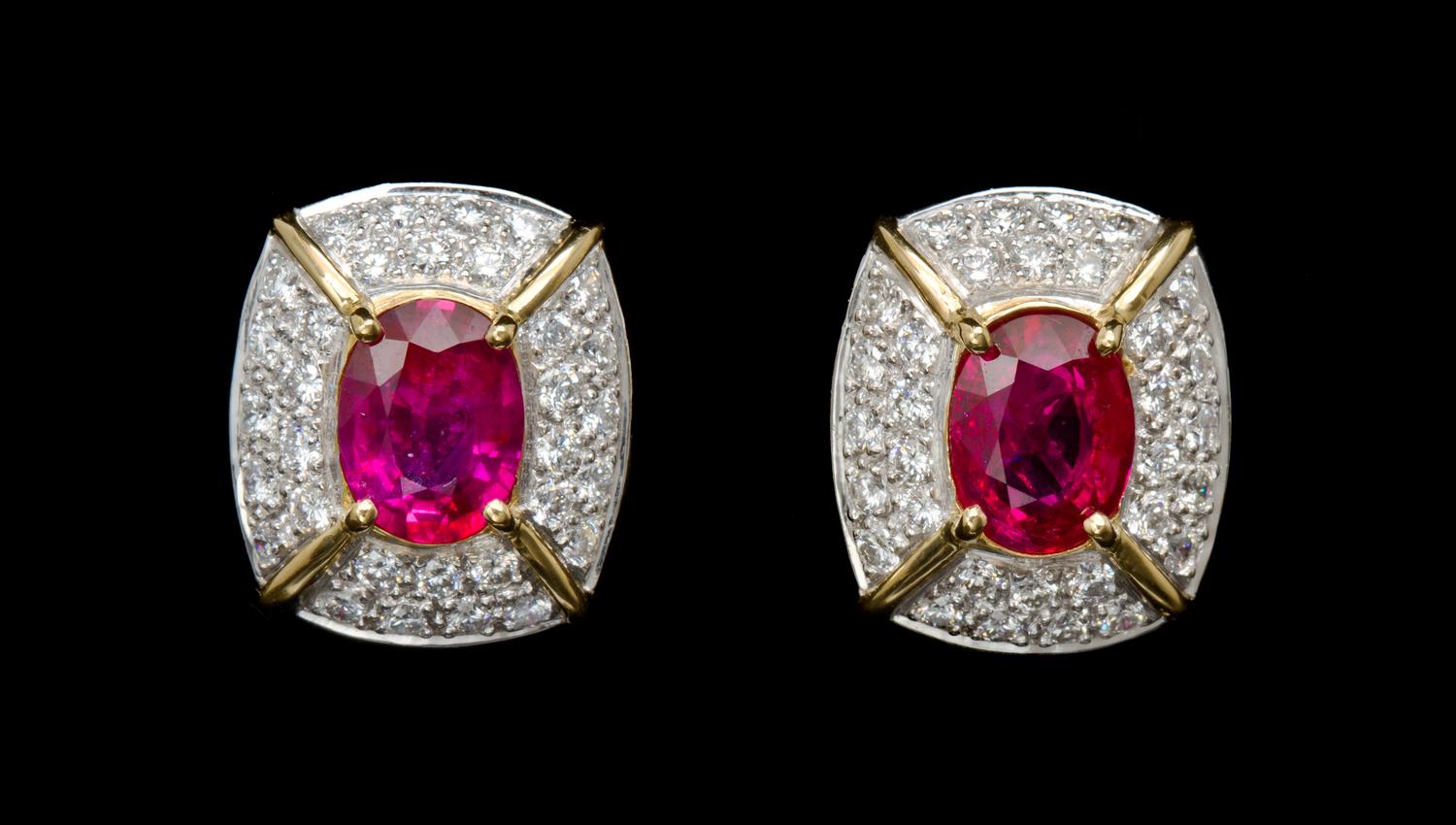 A Pair of 18 Karat Gold, Ruby and Diamond Earrings, 6.20 dwts.