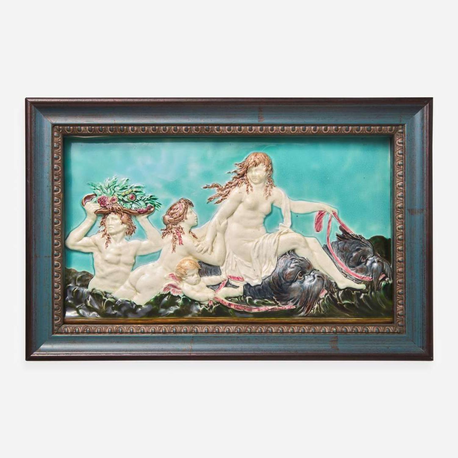 A Wedgwood Majolica "Sea Nymph Riding Dolphins" Plaque After Clodion (1738-1814) UK, 1870s