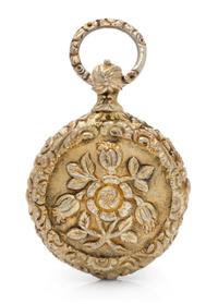 An English Silver-Gilt Vinaigrette, Maker's Mark JW, the case in the form of a pocket watch and decorated with floral sprays and bandin