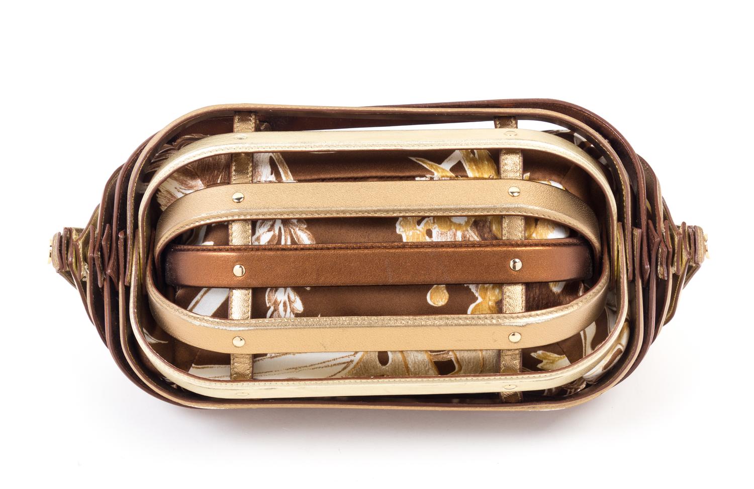 Salvatore Ferragamo Gold and Bronze Leather "Cage" Handbag, 1990-2000s 12" x 6" x 5"; Handle drop: 4"