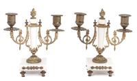 A Pair of French Gilt Bronze and Marble Two-Light Candelabra Height 8 1/2 inches. — 20TH CENTURY