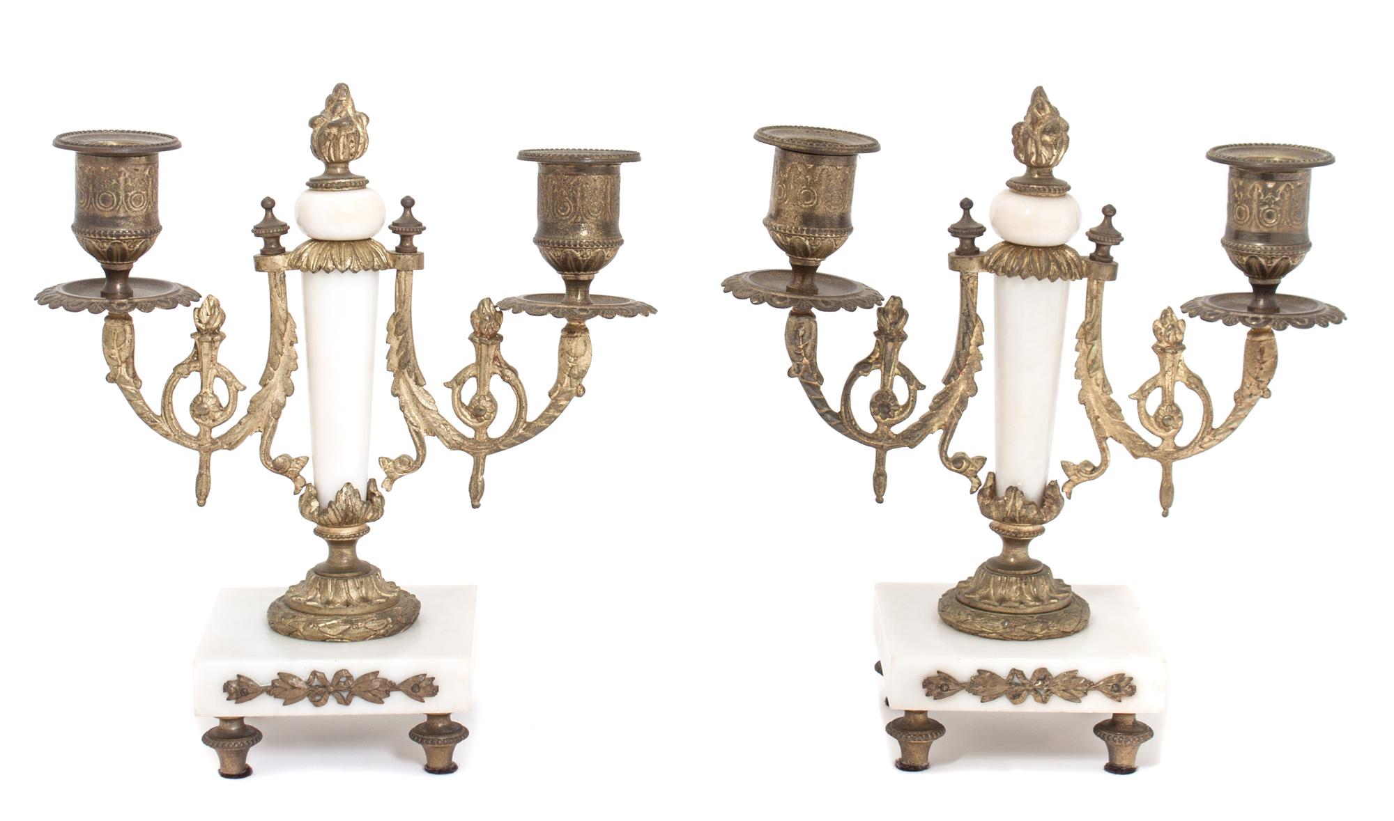 A Pair of French Gilt Bronze and Marble Two-Light Candelabra Height 8 1/2 inches. — 20TH CENTURY