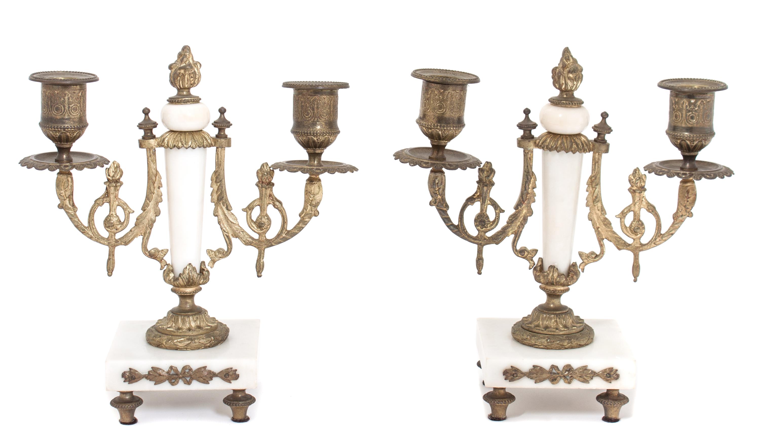 A Pair of French Gilt Bronze and Marble Two-Light Candelabra Height 8 1/2 inches. — 20TH CENTURY