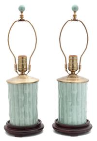 A Pair of Celadon Glazed Porcelain Lamps Height overall 19 inches.