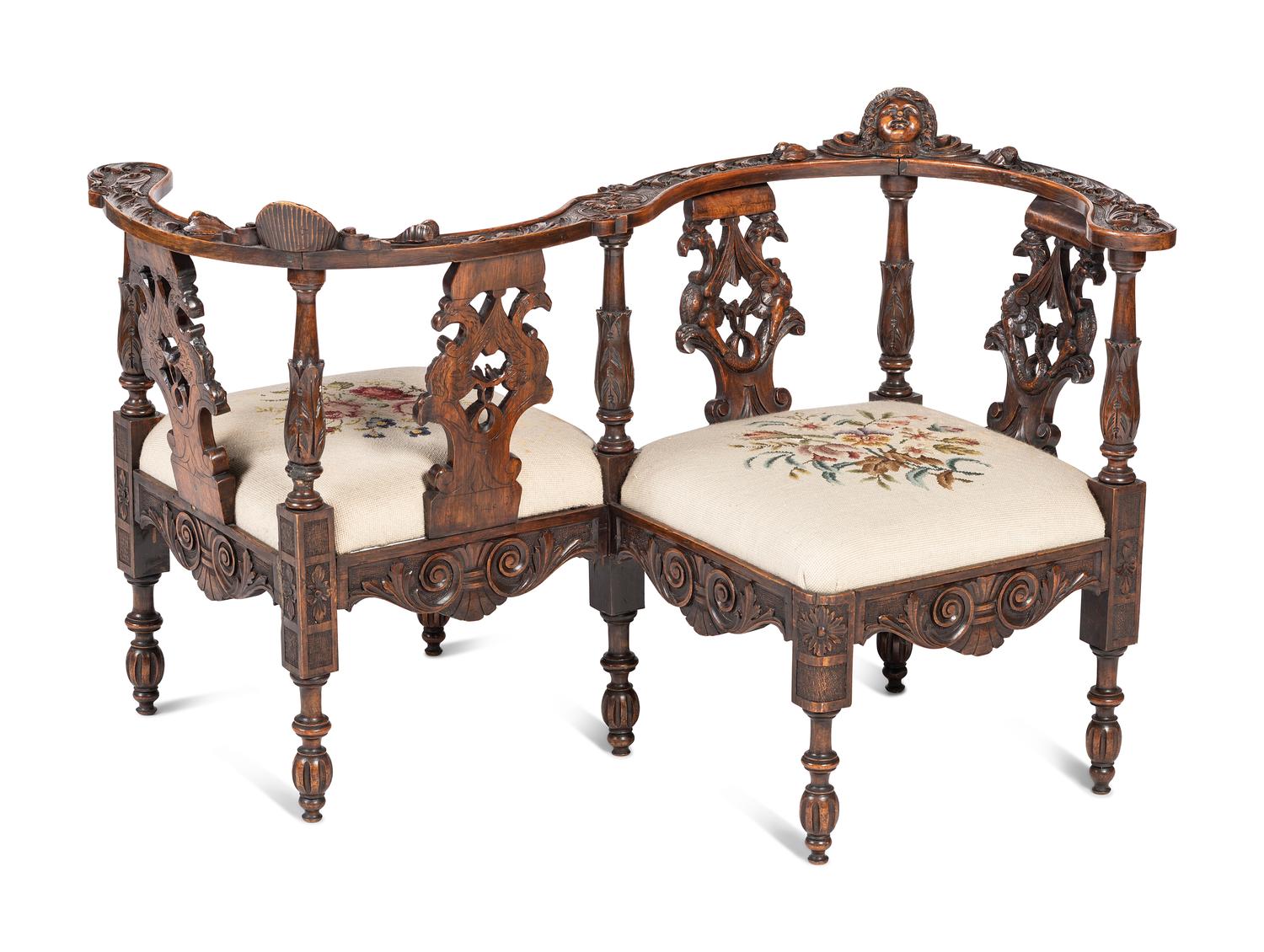 A Renaissance Revival Walnut Tete-A-Tete