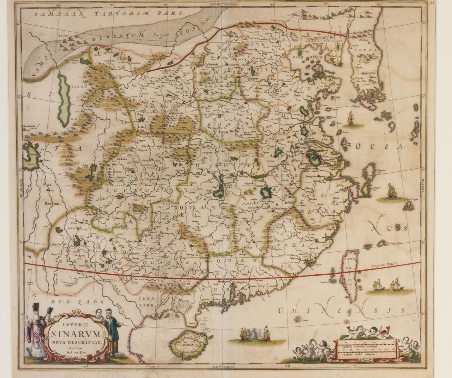 JANSSON, JAN. Imperii Sinarum Nova Descriptio. [Amsterdam, c. 1664] Engraved map with hand-coloring of China, Korea, Formosa and Hainan