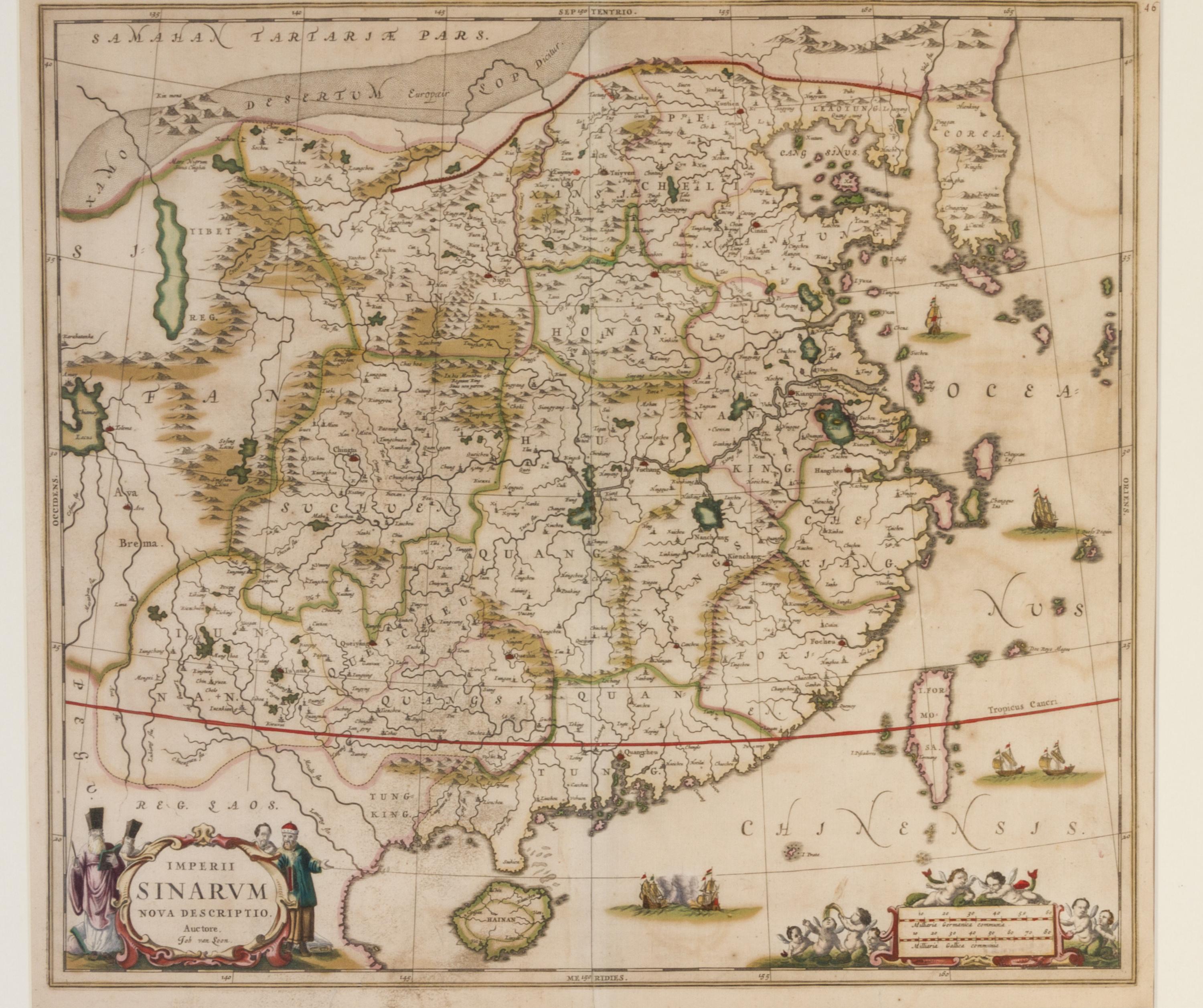 JANSSON, JAN. Imperii Sinarum Nova Descriptio. [Amsterdam, c. 1664] Engraved map with hand-coloring of China, Korea, Formosa and Hainan