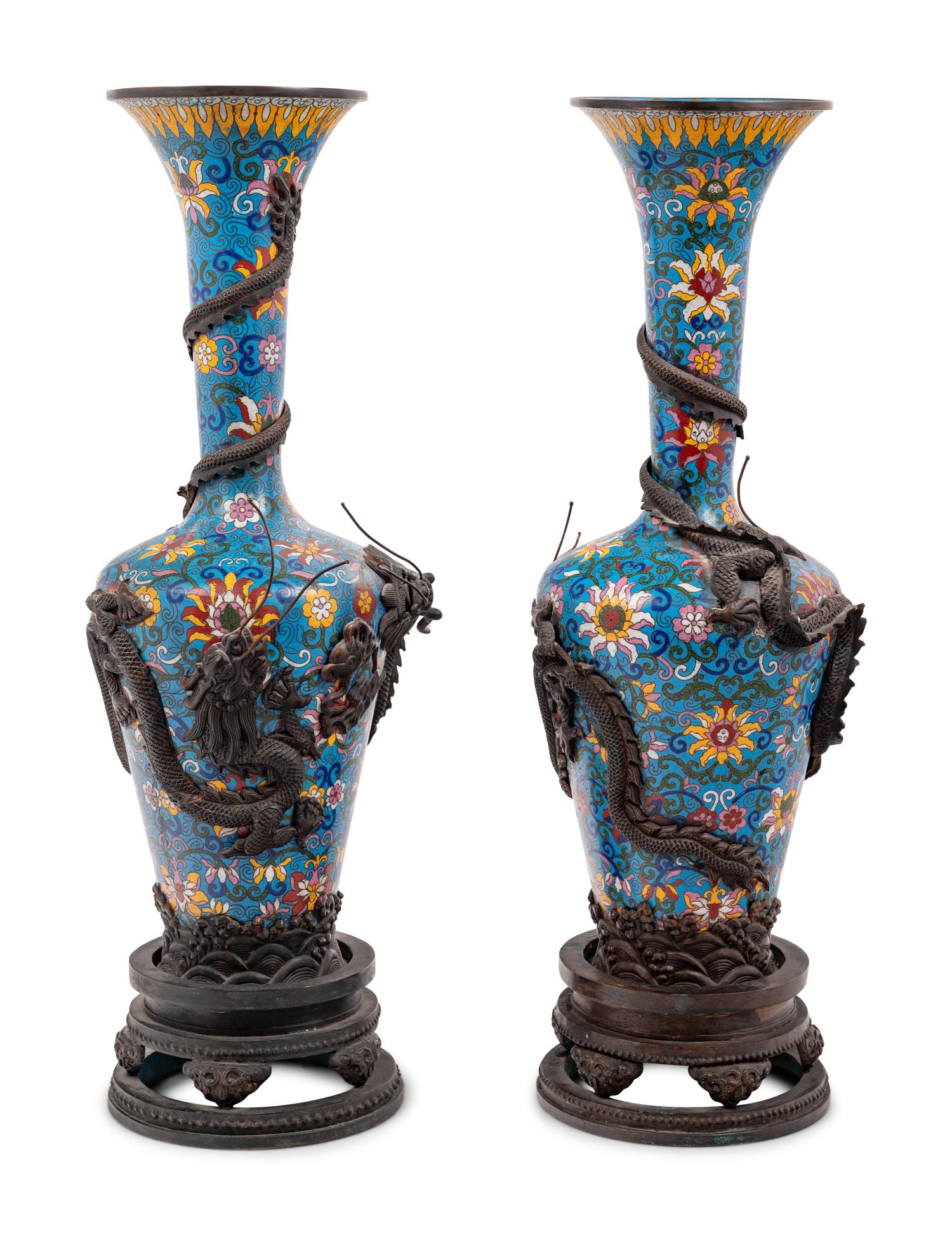 Two Pairs of Chinese Blue Ground Cloisonné Enameled 'Dragon' Vessels