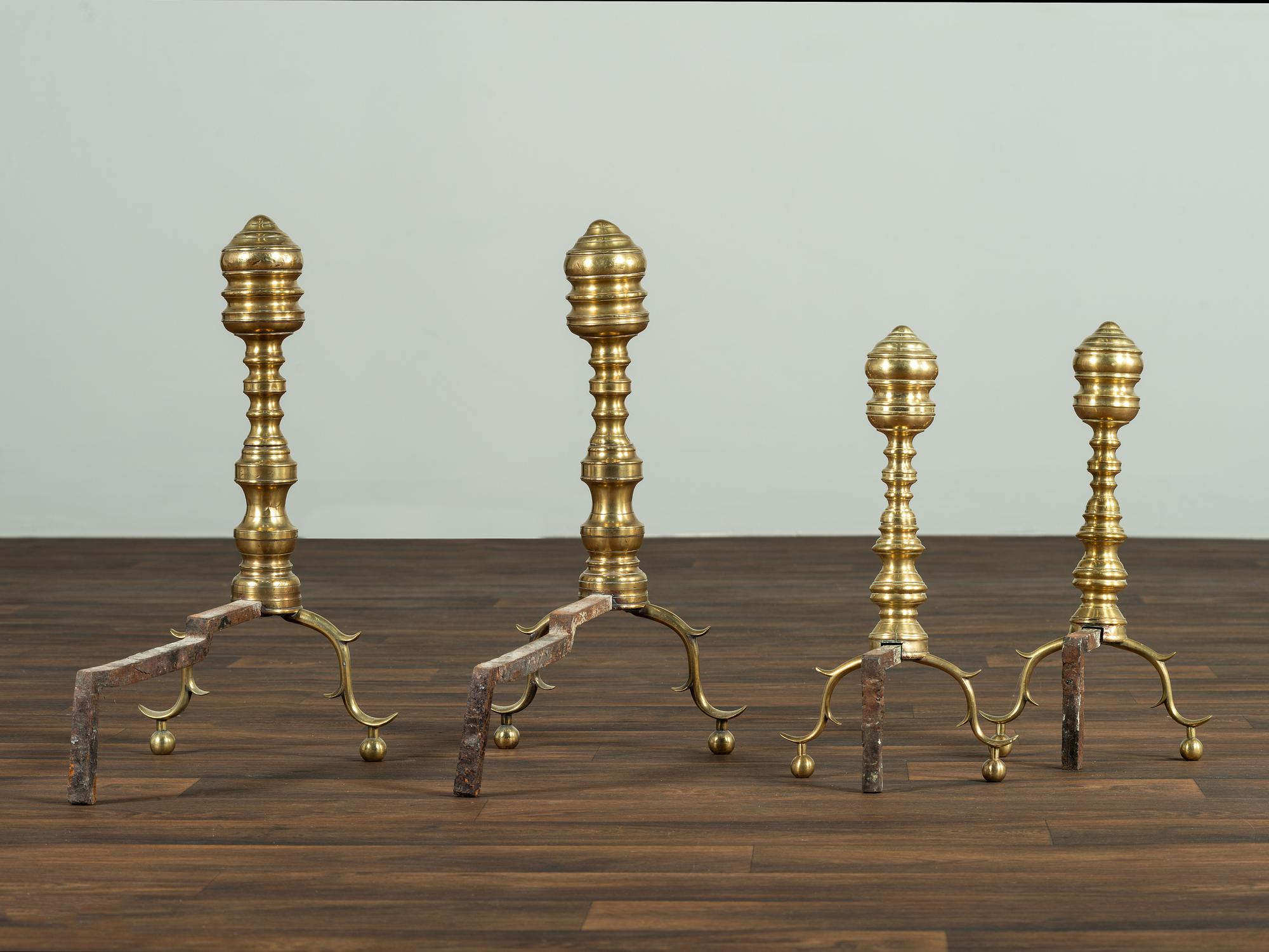 Two Pairs of Federal Spool-Turned Brass Andirons