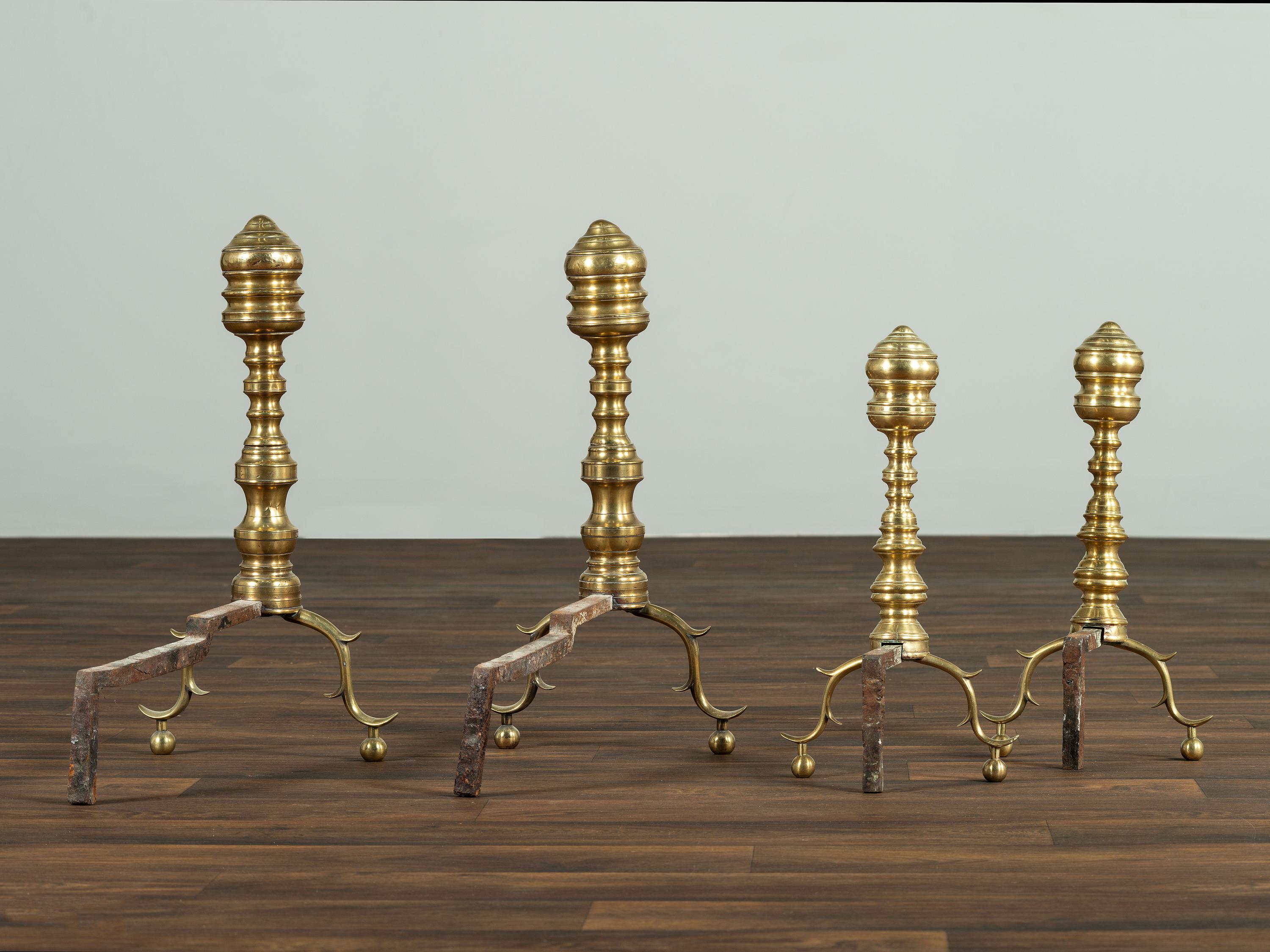 Two Pairs of Federal Spool-Turned Brass Andirons