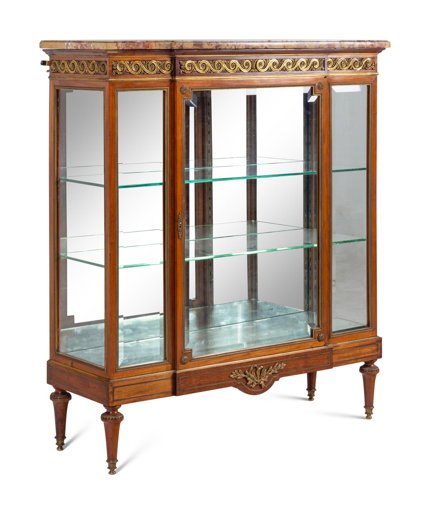 A Louis XVI Style Gilt Metal-Mounted Marble-Top Vitrine Cabinet